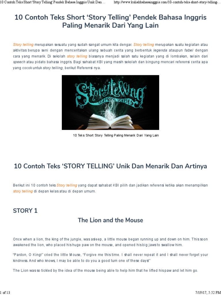 10 Contoh Teks Short 'Story Telling' Pendek Bahasa Inggris