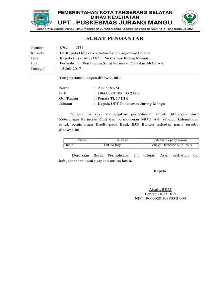NOTA DINAS Permohonan Perincian Gaji & MOU