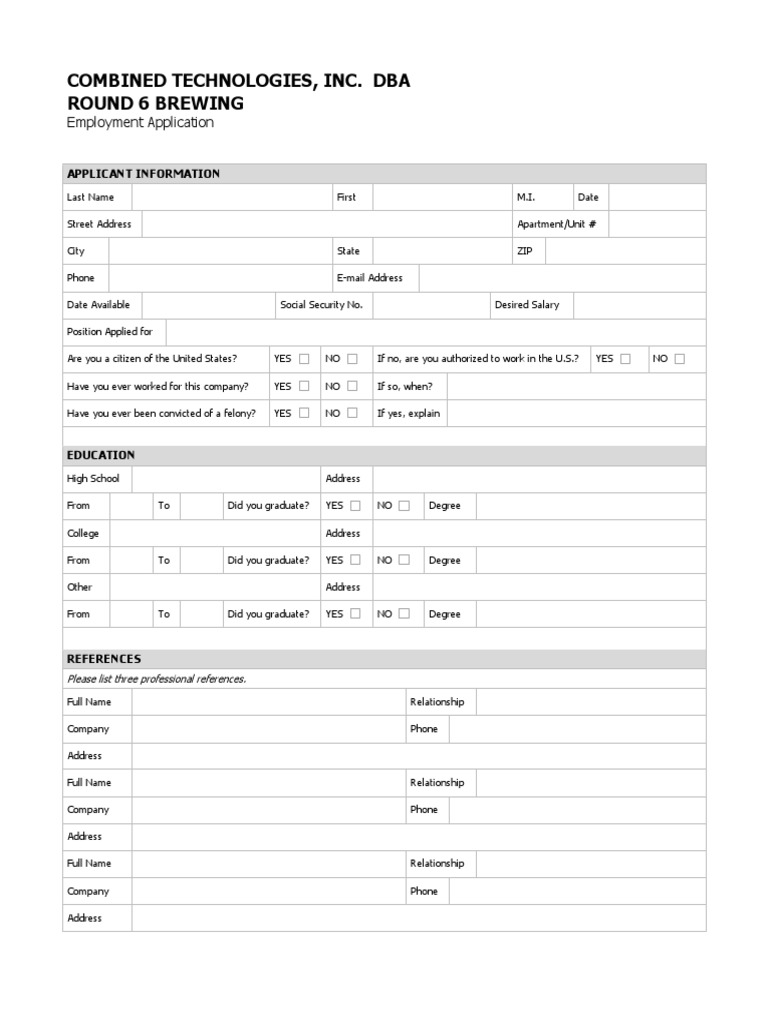 Employment Application For Round 6 Brewing PDF Military Discharge
