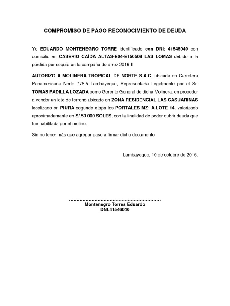 Compromiso de Pago Reconocimiento de Deuda PDF
