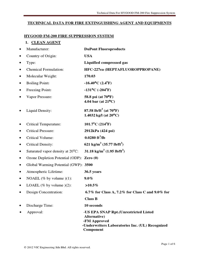 HYGOOD FM-200 Fire Suppression Data | PDF | Gases | Mechanical Engineering