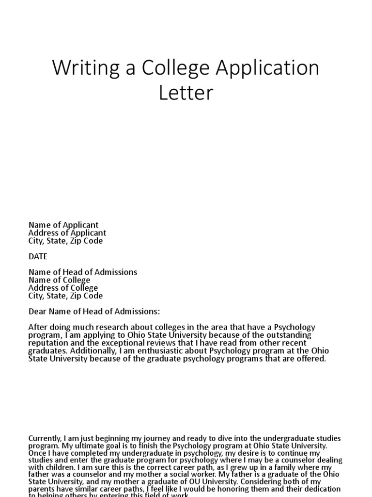 write a college admission application letter