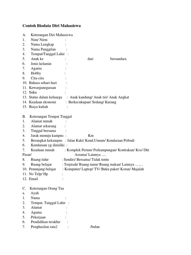 Contoh Biodata Diri Mahasiswa Pdf