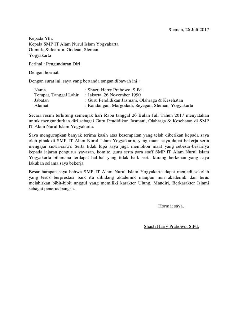 Contoh Surat Pengunduran Diri Dari Sekolah