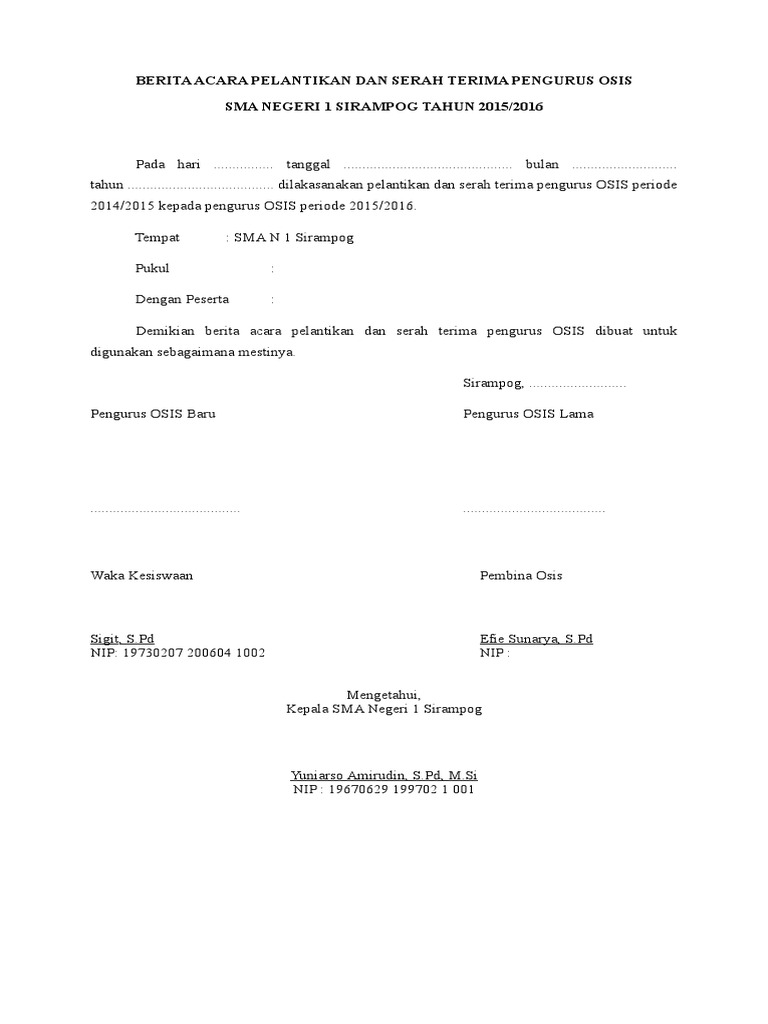 Berita Acara Pelantikan Dan Serah Terima Pengurus Osis