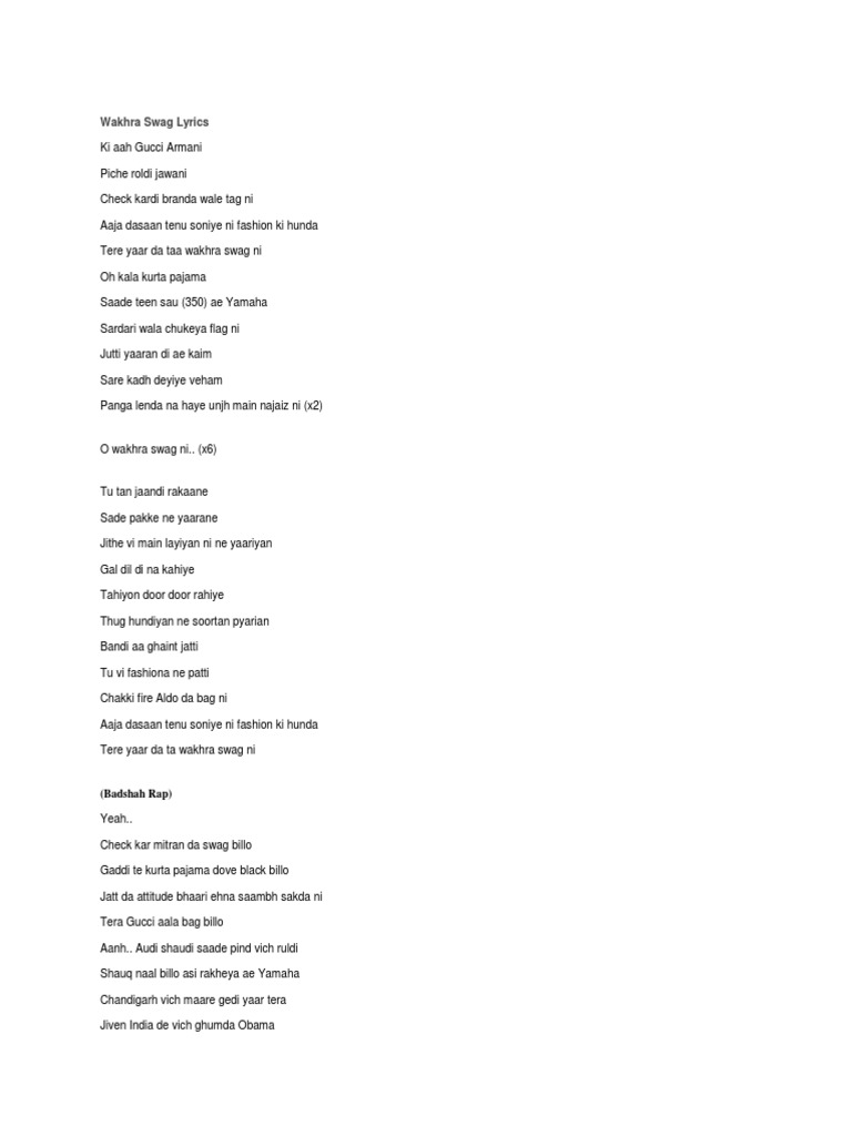 Wakhra Swag Lyrics PDF