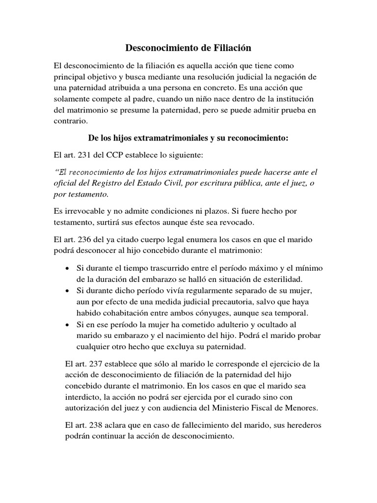 Desconocimiento de La Filiación | PDF | Menor (ley) | Matrimonio