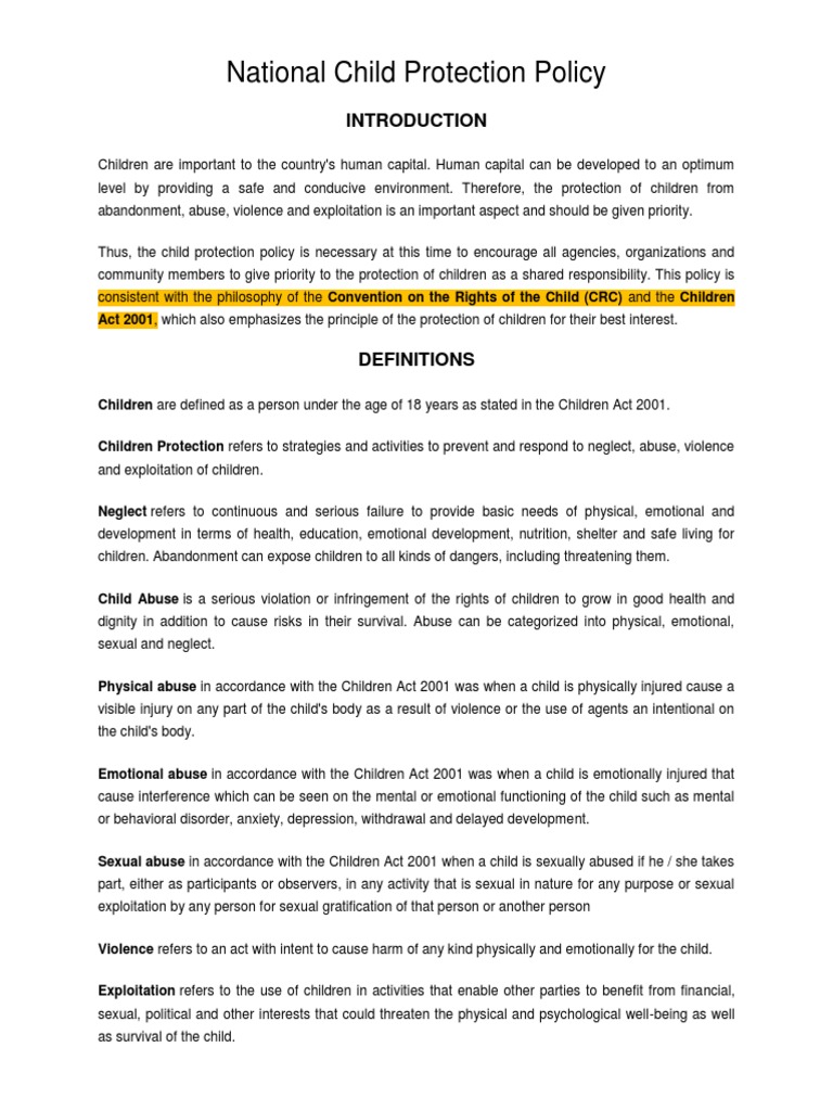 National Child Protection Policy | PDF | Child Protection | Child Abuse