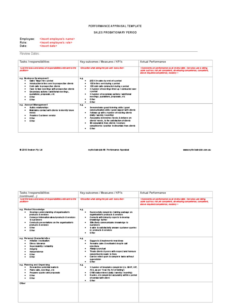 Sales Performance Appraisal Template | Competence (Human Resources