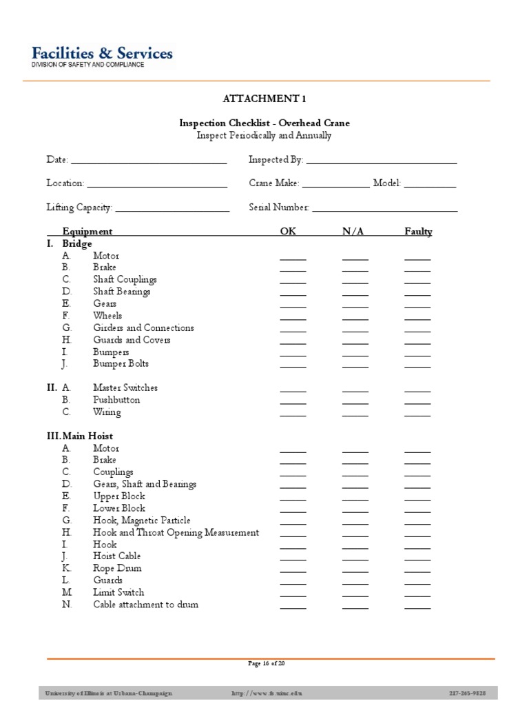Inspection Checklist Overhead Crane Crane (Machine) Mechanical