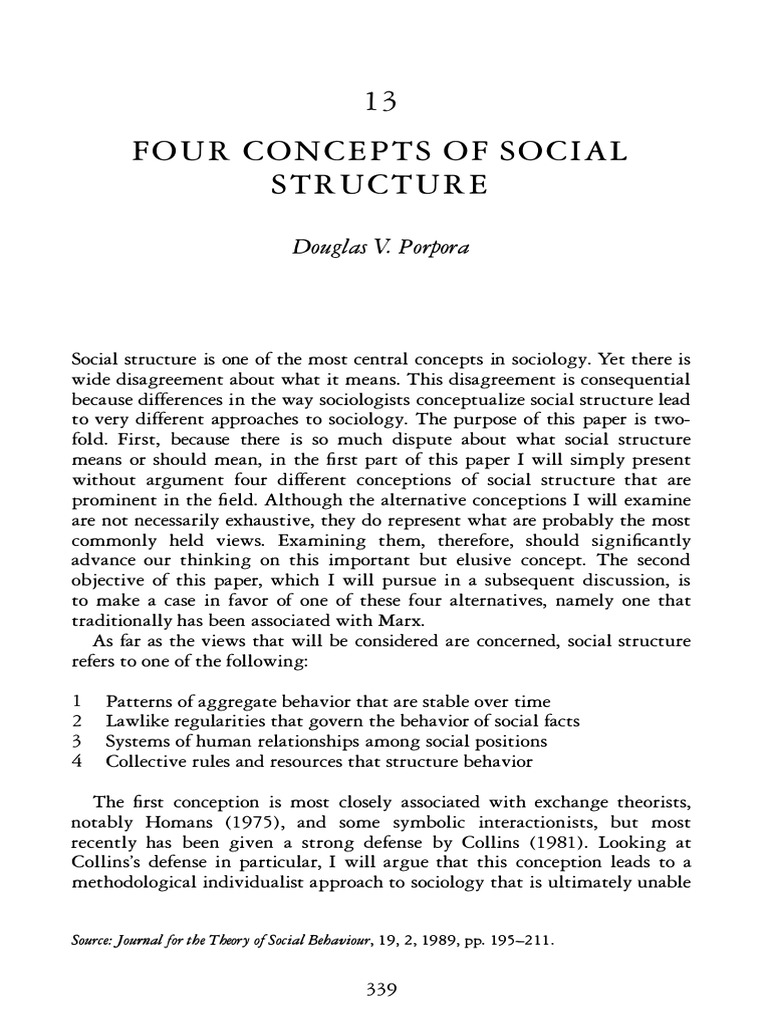 Four Concepts of Social Structure Social Structure Sociology