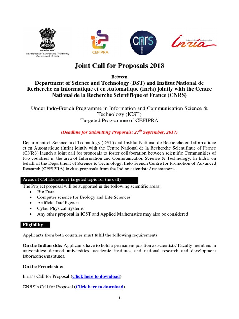 5thCall For Proposals in DSTInRIACNRS Targeted Programme PDF