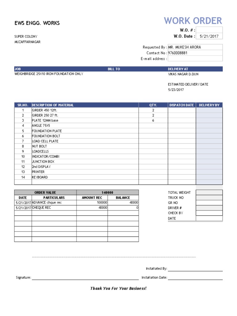 Work Order for Weighbridge Foundation Installation | PDF | Business