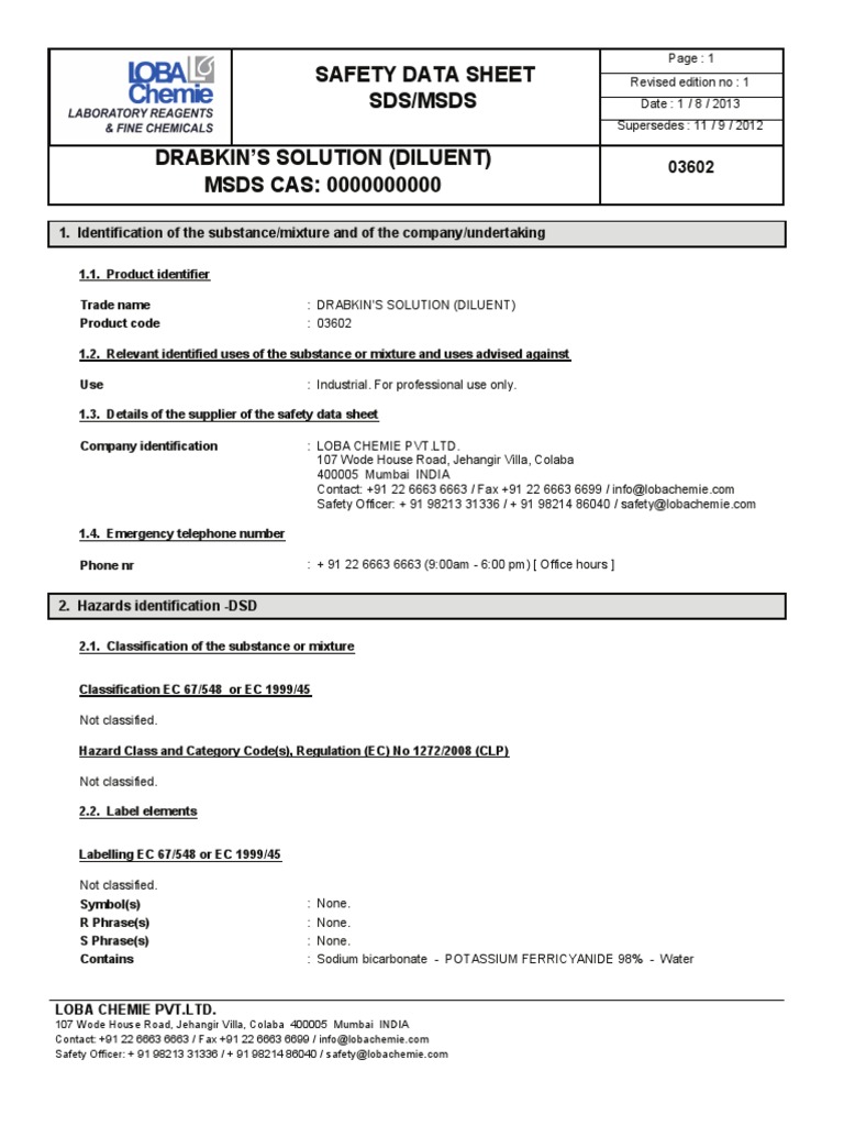 Safety Data Sheet Sds/Msds Drabkin'S Solution (Diluent) MSDS CAS ...