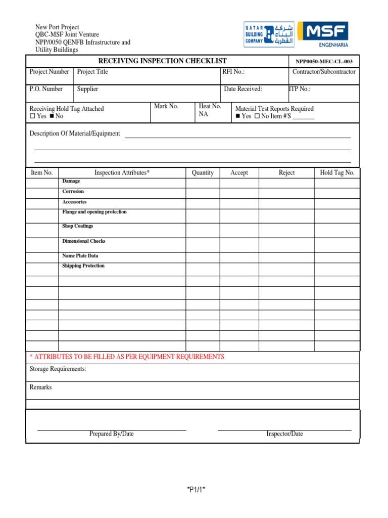 New Port Project Receiving Inspection Checklist | PDF