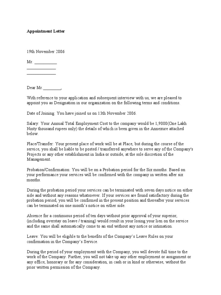 Appointment Letter  Working Time  Confidentiality
