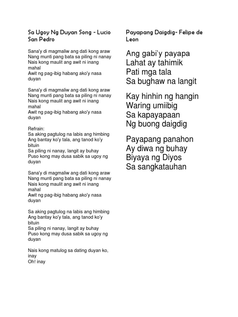 Sa Ugoy NG Duyan Song PDF