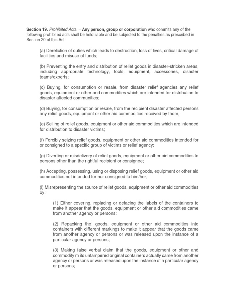 Prohibited Acts and Penalties in Disaster Relief | PDF | Crime ...