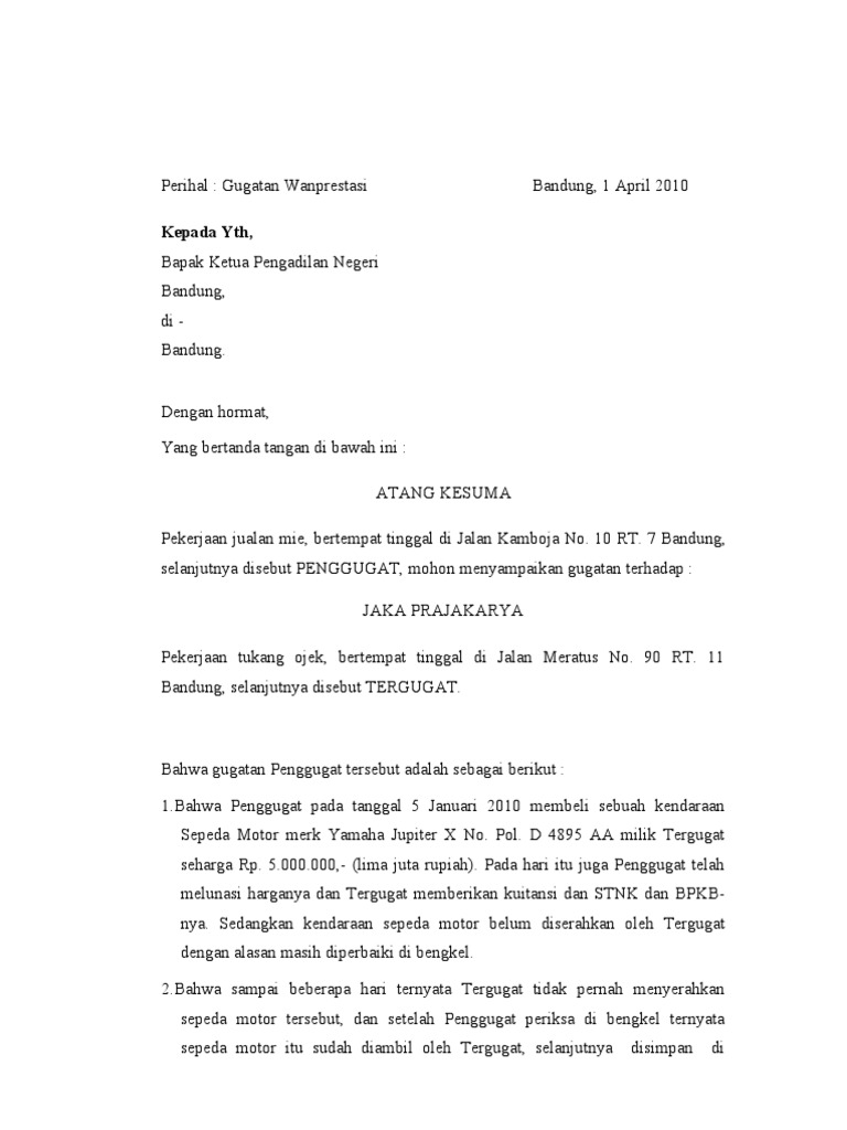 Surat Gugatan Perkara Wanprestasi 1 1