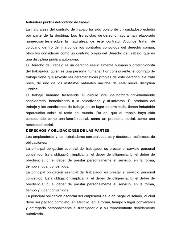 Naturaleza Jurídica Del Contrato de Trabajo Derecho