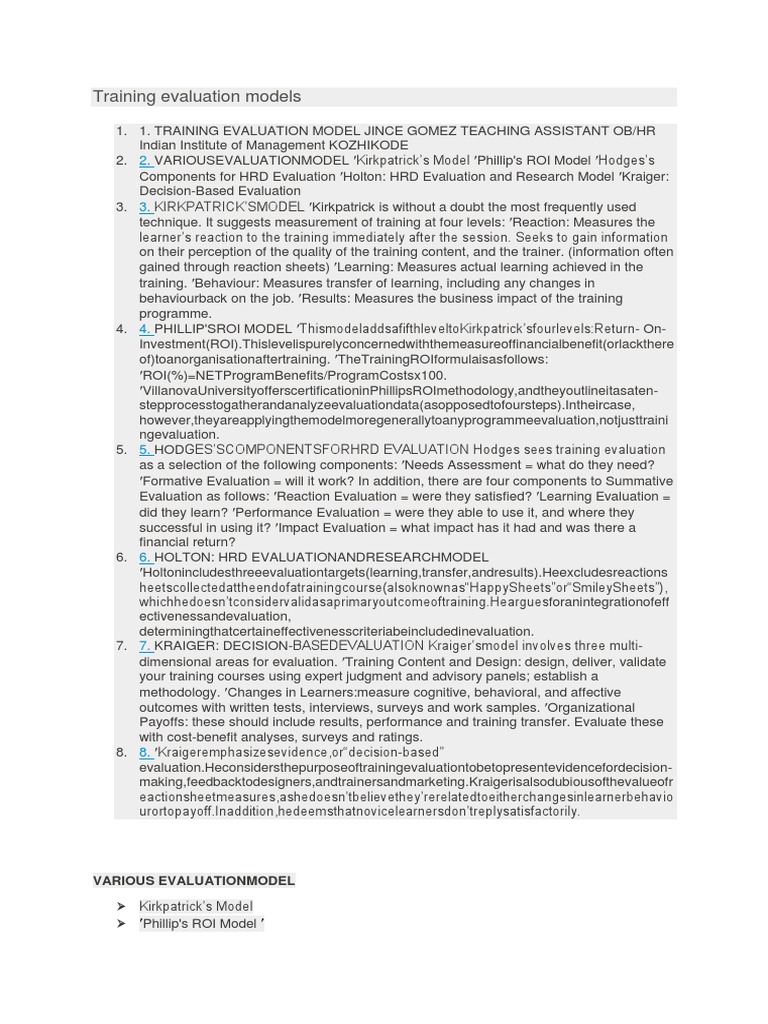 Training Evaluation Models Guide | PDF | Survey Methodology | Evaluation