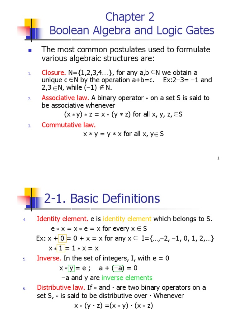 Boolean Algebra and Logic Gates The Most Common Postulates Used To