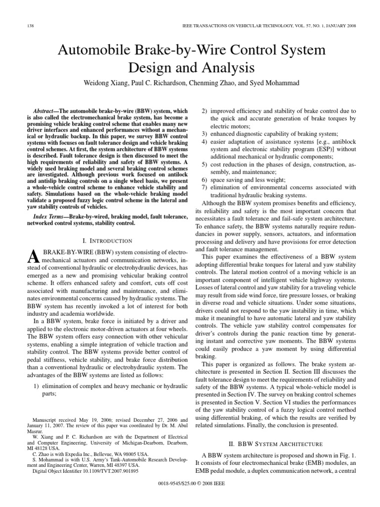Automobile BrakebyWire Control System Design and Analysis PDF