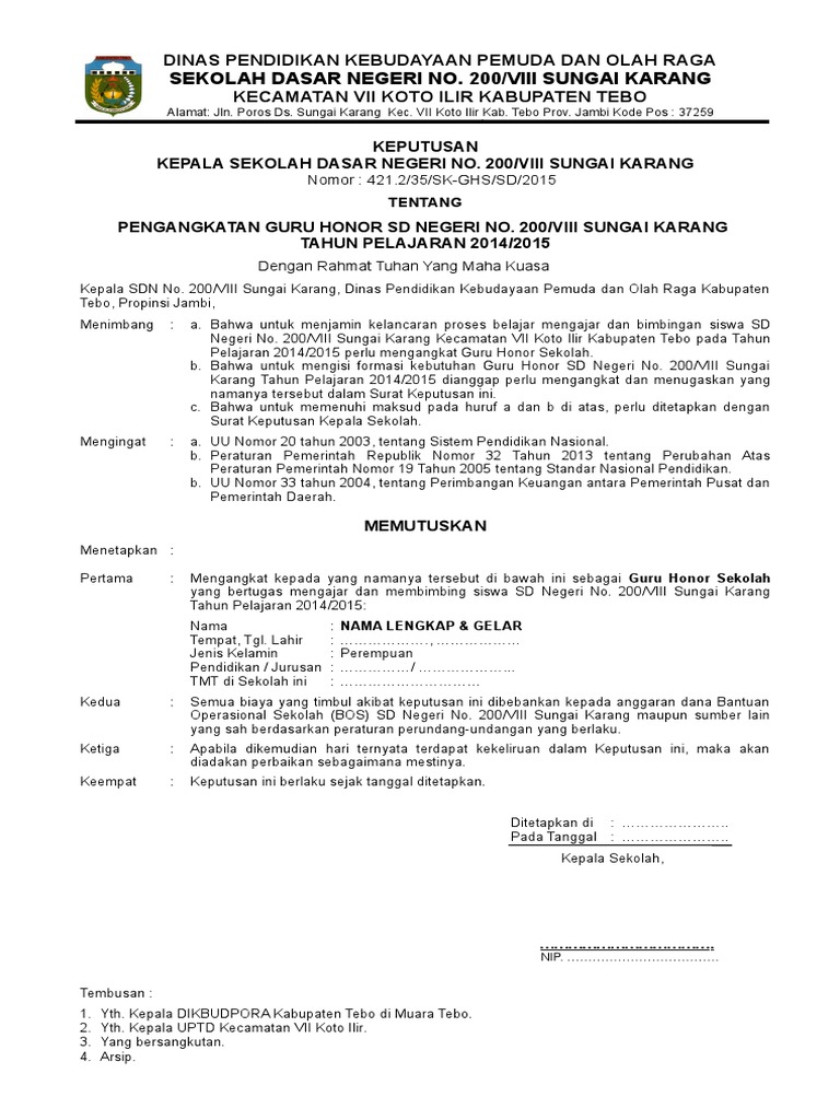 Contoh Sk Pengangkatan Guru Honor