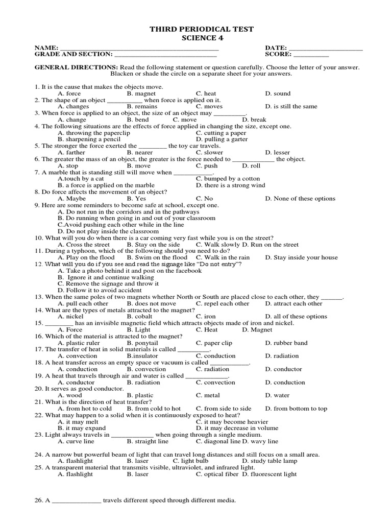 Grade 4 Science 3rd Quarter Test | PDF | Light | Sound
