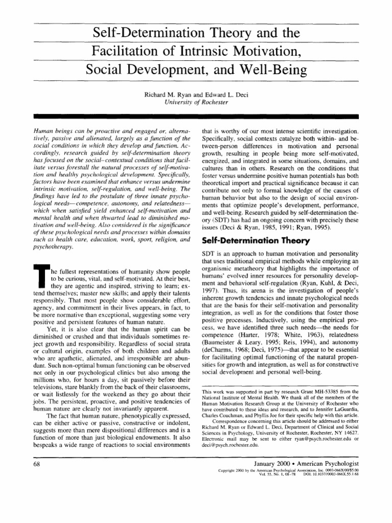 SelfDetermination Theory and The Facilitation of Intrinsic Motivation