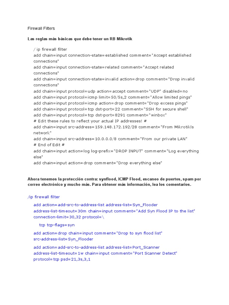 Mikrotik Firewall Filter Rules Guide | PDF | Firewall (Computing ...