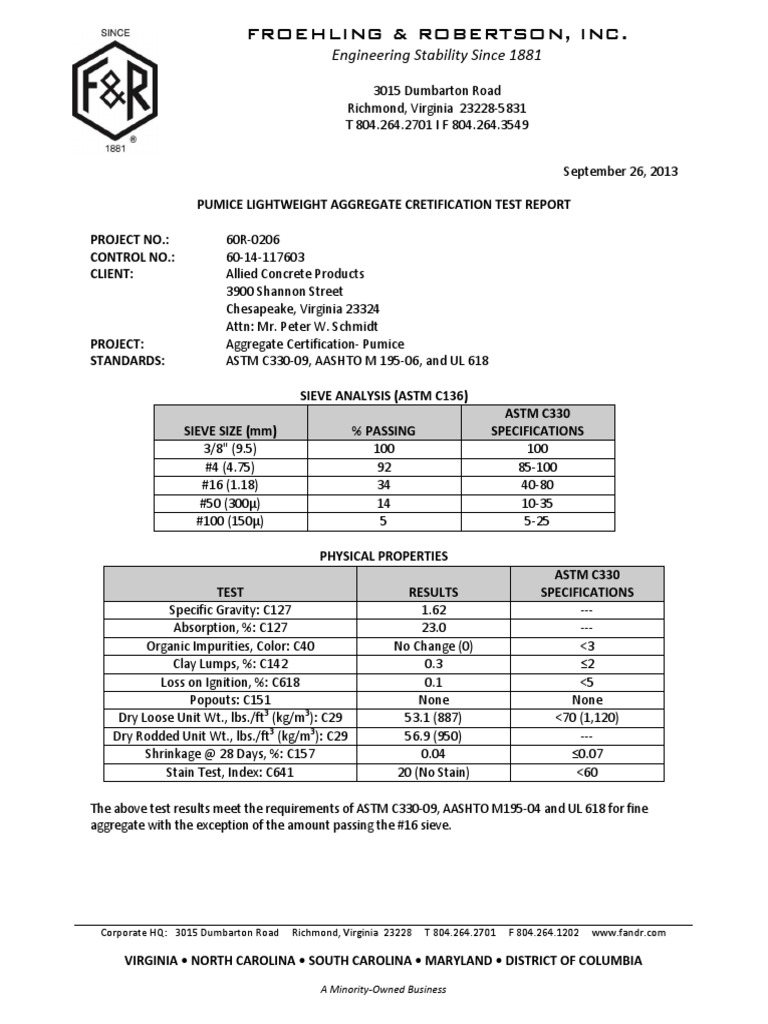 Pumice Aggregate Certification Report | PDF | Construction Aggregate ...