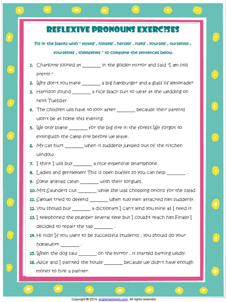 Reflexive Pronouns Exercises Pdf Pronouns Exercises English Grammar