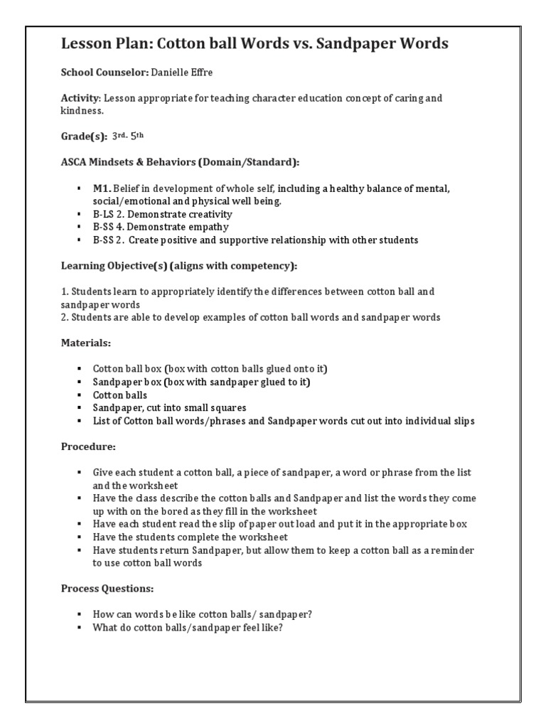 Lesson Plan Cotton Ball Vs Sandpaper Words PDF