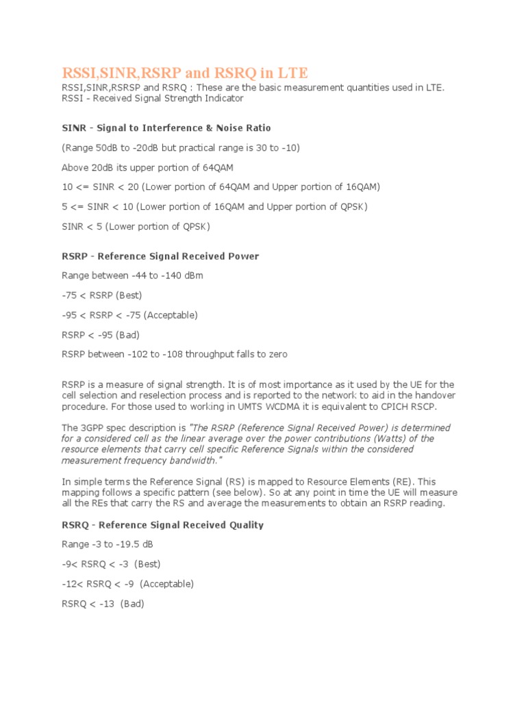 LTE Signal Metrics: RSSI, RSRP, SINR, RSRQ | PDF | Bandwidth (Signal ...