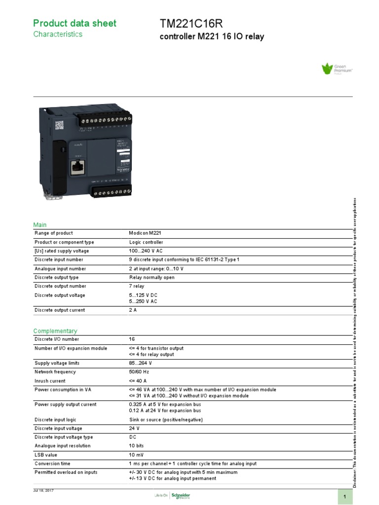 Modicon M221 TM221C16R Datasheet | PDF | Power Supply | Relay