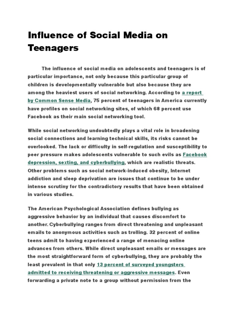 Impact of Social Media on Teenagers | PDF | Cyberbullying | Social ...