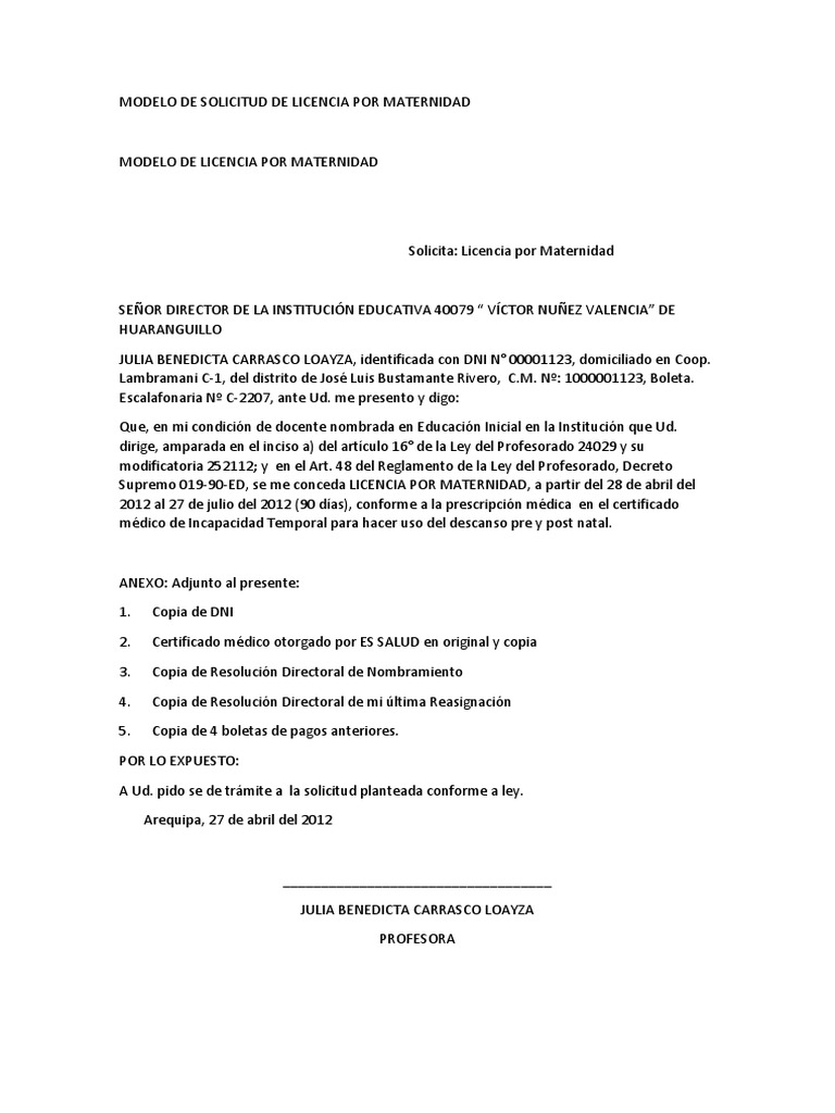 Modelo de Solicitud de Licencia Por Maternidad | PDF