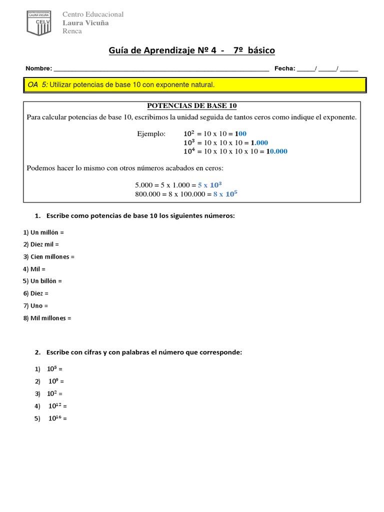Potencias De Base 10 Guía 7º Básico Pdf