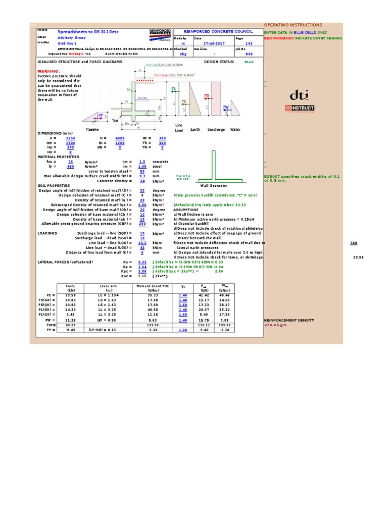 RCC12 Retaining Wall  Spreadsheet  Microsoft Excel