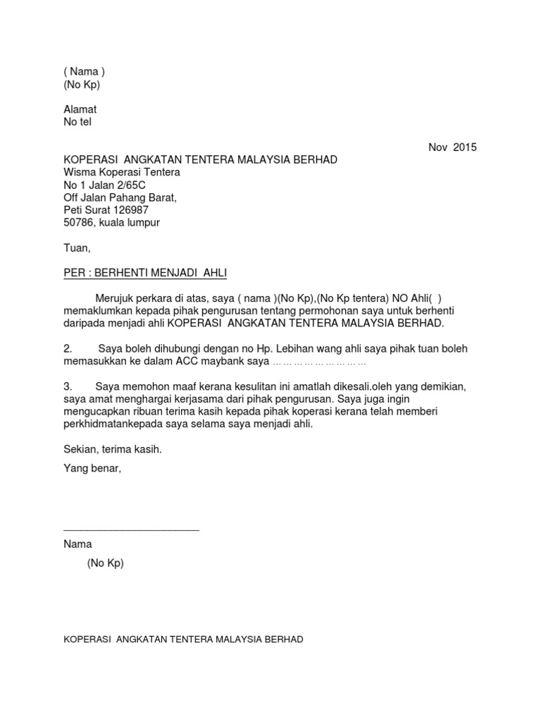 Contoh Surat Pemberhentian Kgmb