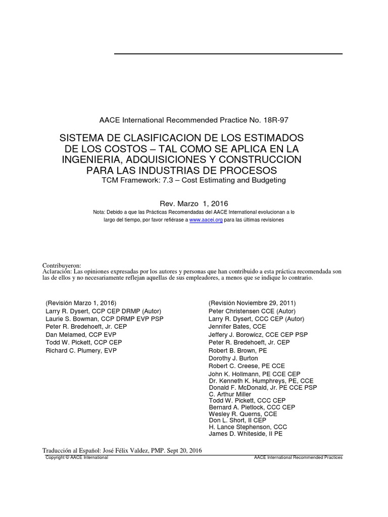 18R97 Estimate Classification System As Applied To Engineering Proc
