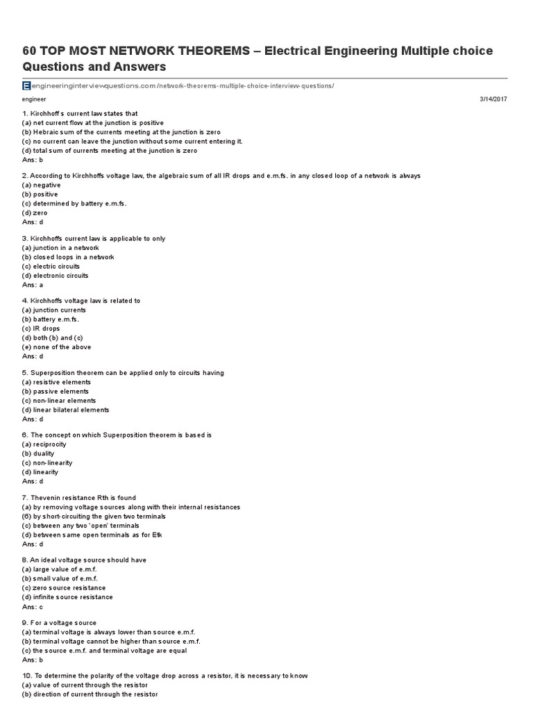 60 TOP MOST NETWORK THEOREMS Electrical Engineering Multiple Choice