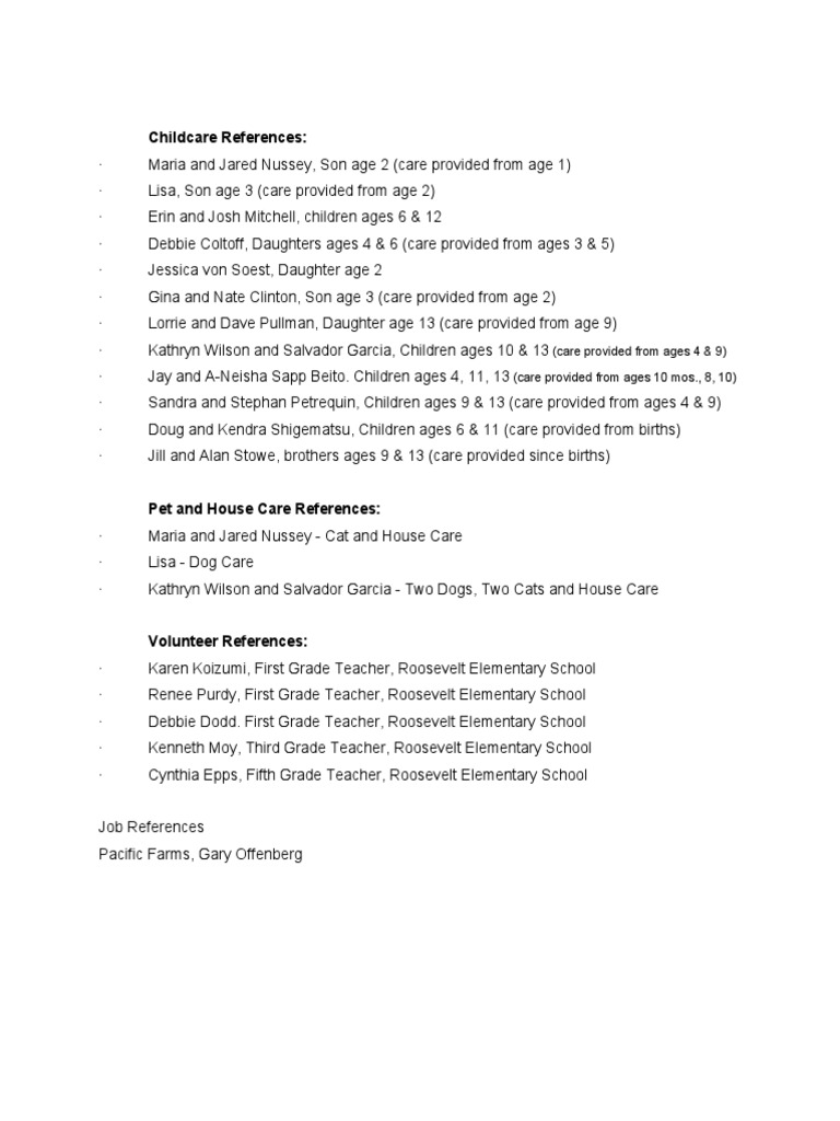 Childcare References (Care Provided From Ages 4 & 9) (Care Provided