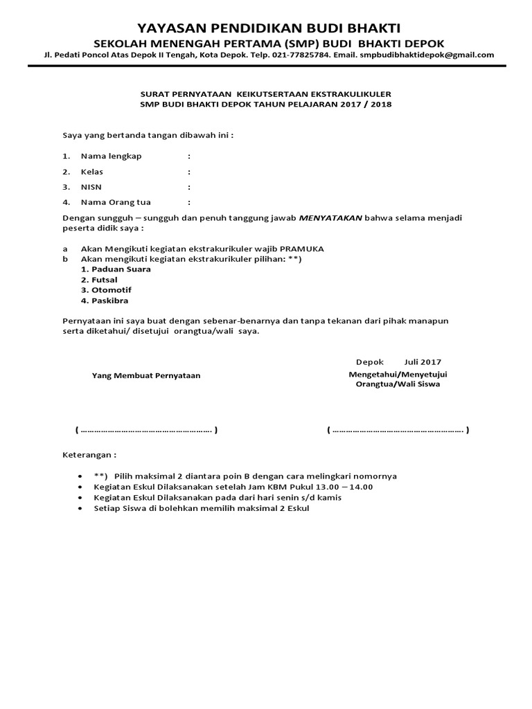 Surat Pernyataan Eskul