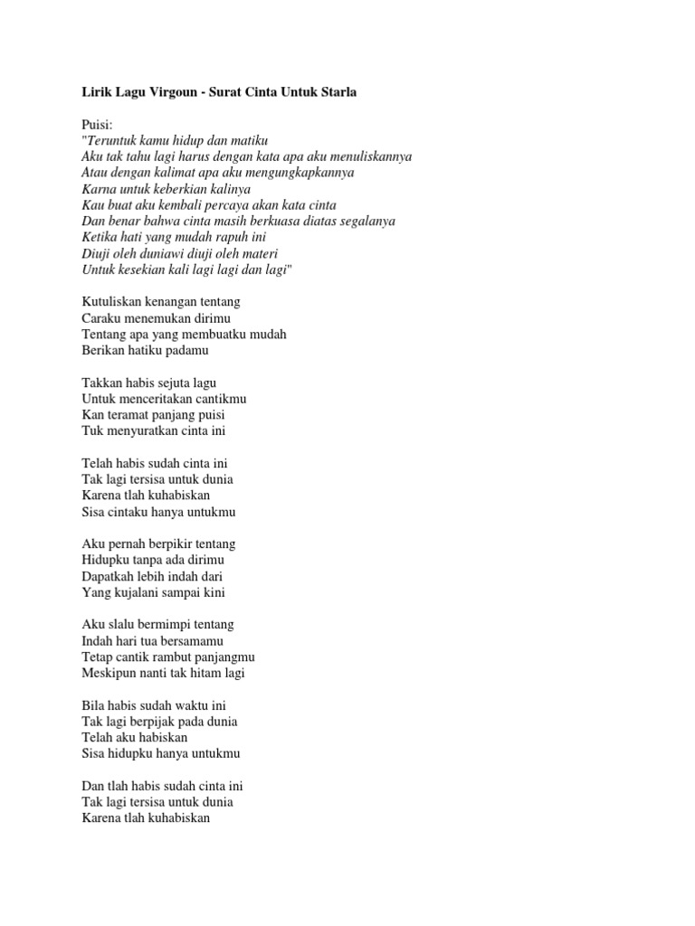 Lirik Lagu Surat Cinta Untuk Starla