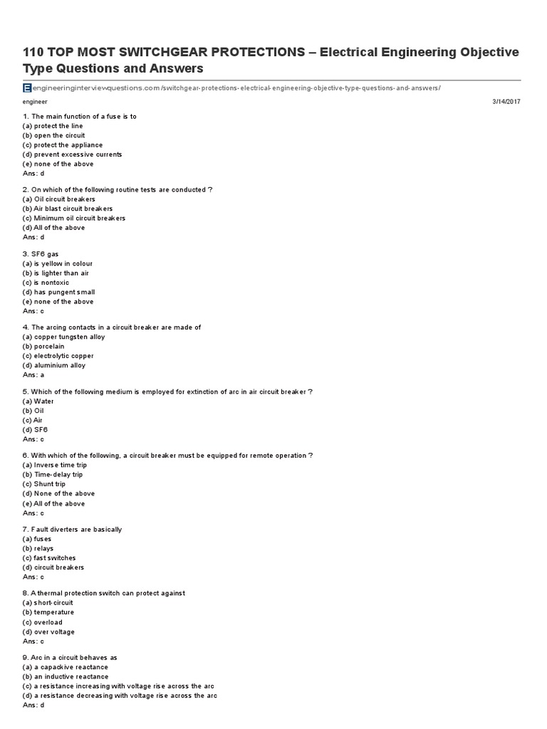 110 TOP MOST SWITCHGEAR PROTECTIONS Electrical Engineering Objective