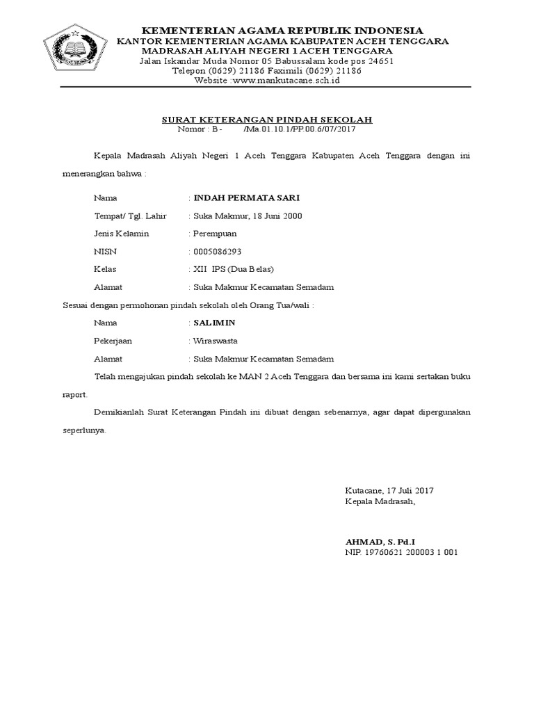 Surat Pindah Sekolah