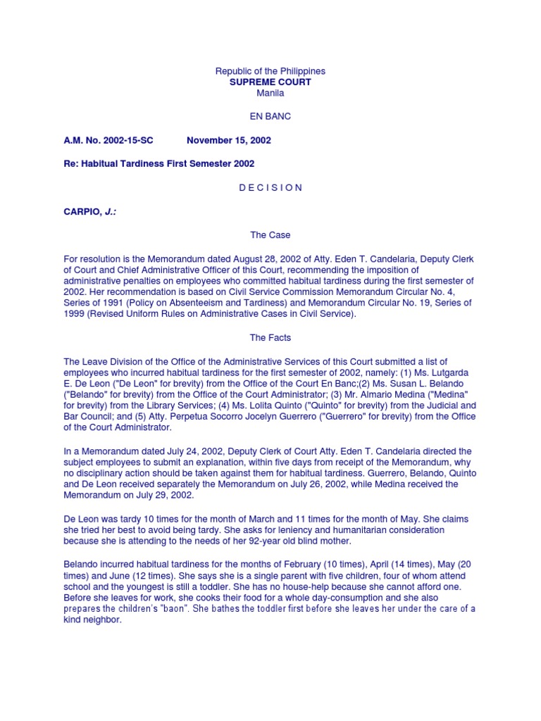 Supreme Court of the Philippines Rules on Cases of Habitual Tardiness