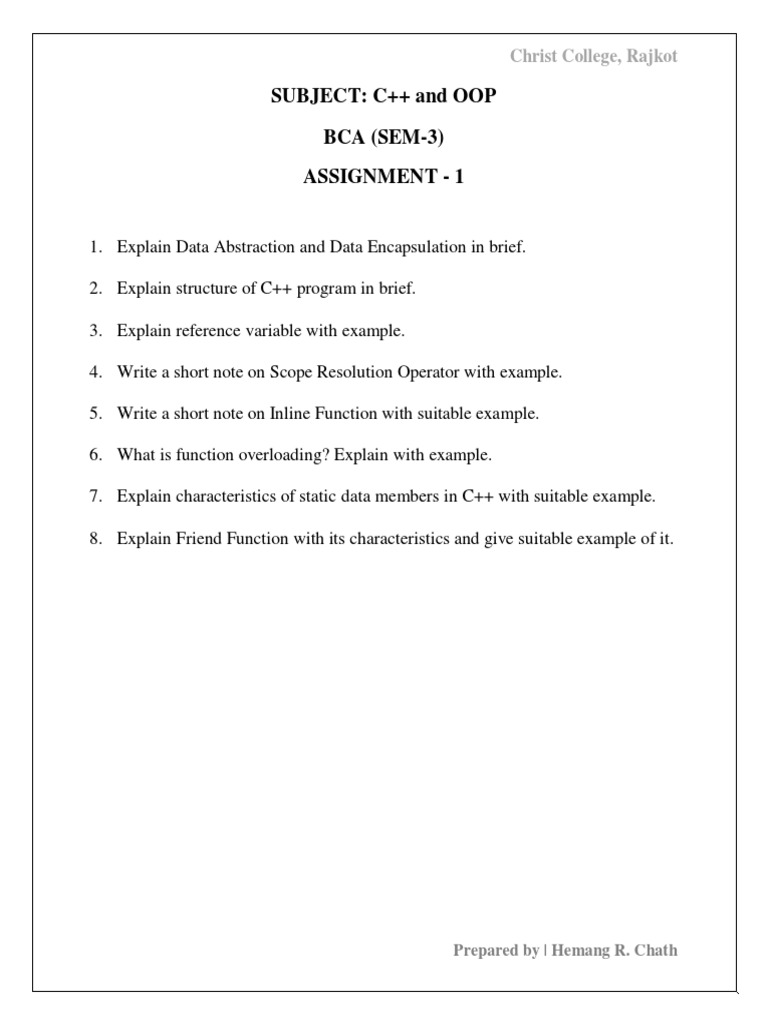 Subject: C++ and Oop BCA (SEM-3) Assignment - 1: Christ College, Rajkot ...